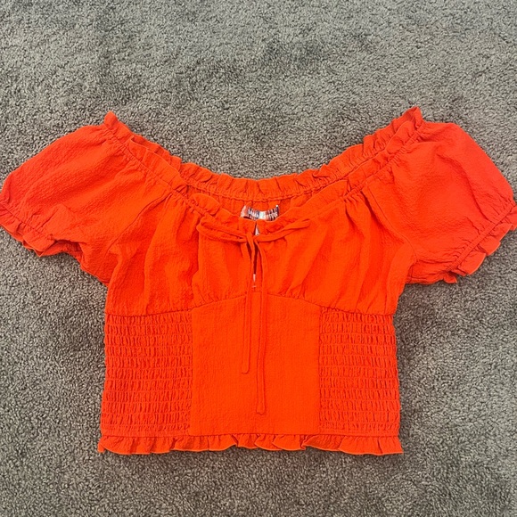 Urban Outfitters Tops - Urban Outfitters Red Hot Puff Sleeve Top - Off the Shoulder Shirred Blouse
